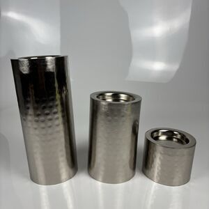 Set of 3 Hammered Silver Metal Cylinder Pillar Candle Holders - 11", 7", 4"